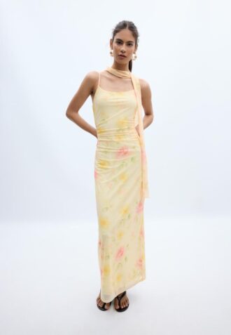Bedrucktes Midi-Kleid aus Tüll mit Schal