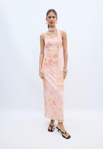 Bedrucktes Midi-Kleid aus Tüll mit Schal