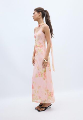 Bedrucktes Midi-Kleid aus Tüll mit Schal