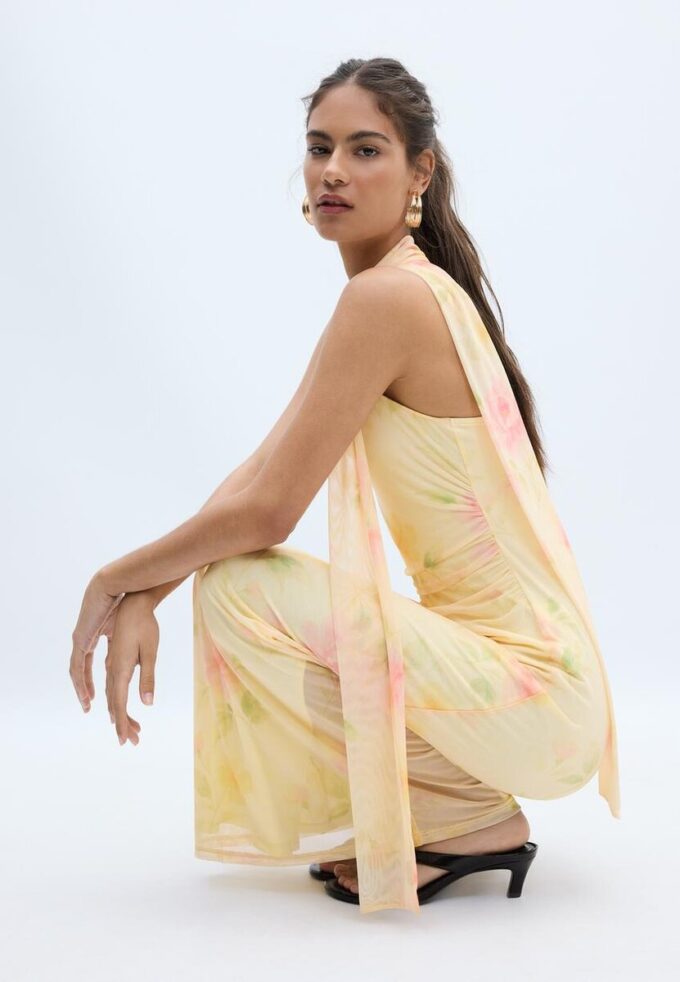 Bedrucktes Midi-Kleid aus Tüll mit Schal Bedrucktes Midi-Kleid aus Tüll mit Schal