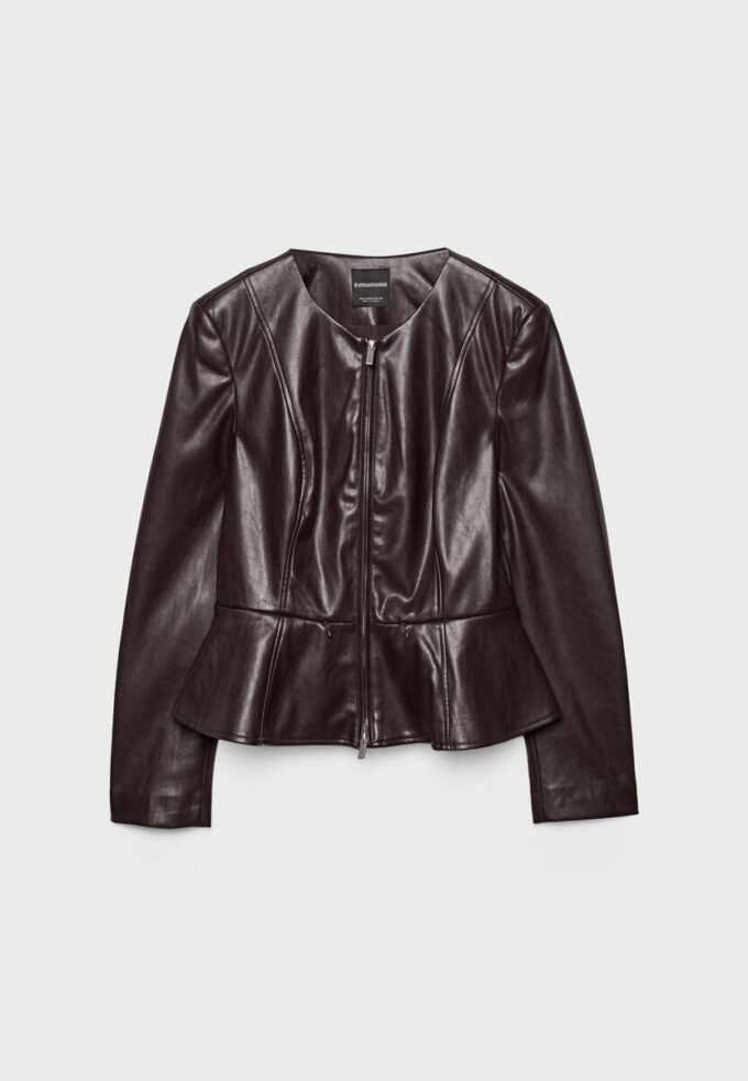 Kragenloser Blazer mit Peplum in Lederoptik