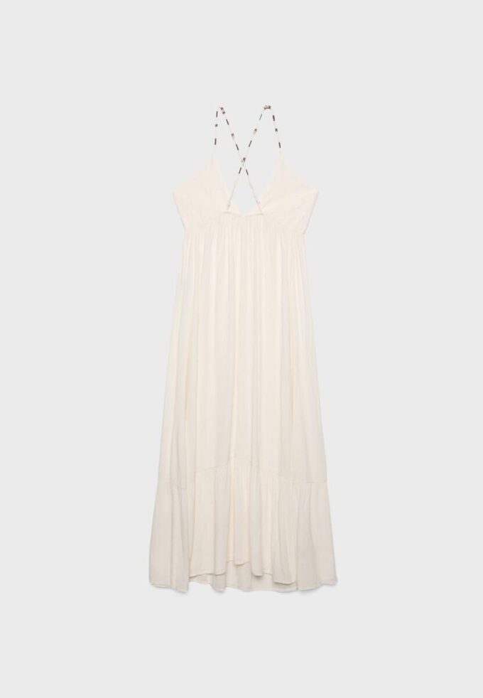 Langes Crêpe-Kleid mit Perlenverzierten Trägern