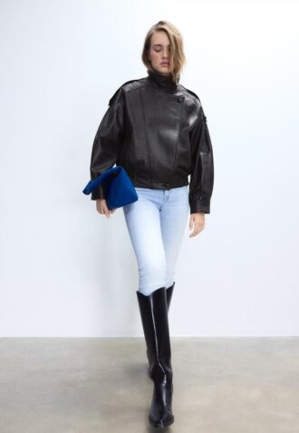 Oversize-Jacke mit Klappe aus 100 % Leder