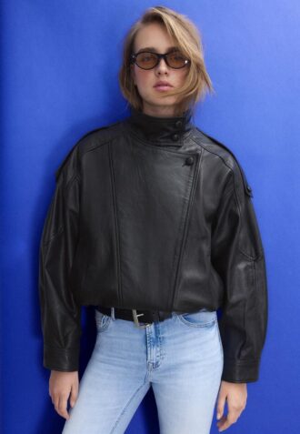 Oversize-Jacke mit Klappe aus 100 % Leder