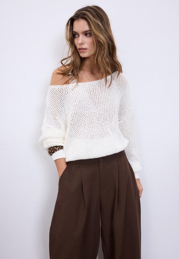 Pullover aus Mesh-Strick mit U-Boot-Ausschnitt